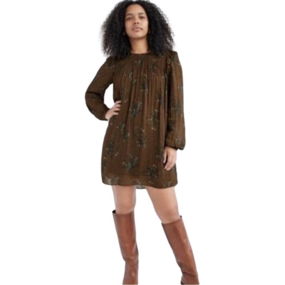 Aritzia Wilfred Paulina Accordion Pleated Long Sleeve Mini Dress Brown Size XS